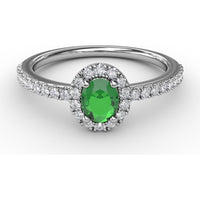 Classic Halo Ring with Oval Emerald and Pavé Set Round Diamonds by Fana - 0.52 Carat Total Gemstone Weight