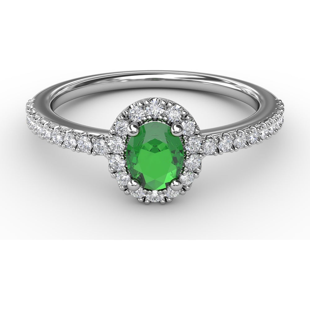 Classic Halo Ring with Oval Emerald and Pavé Set Round Diamonds by Fana - 0.52 Carat Total Gemstone Weight