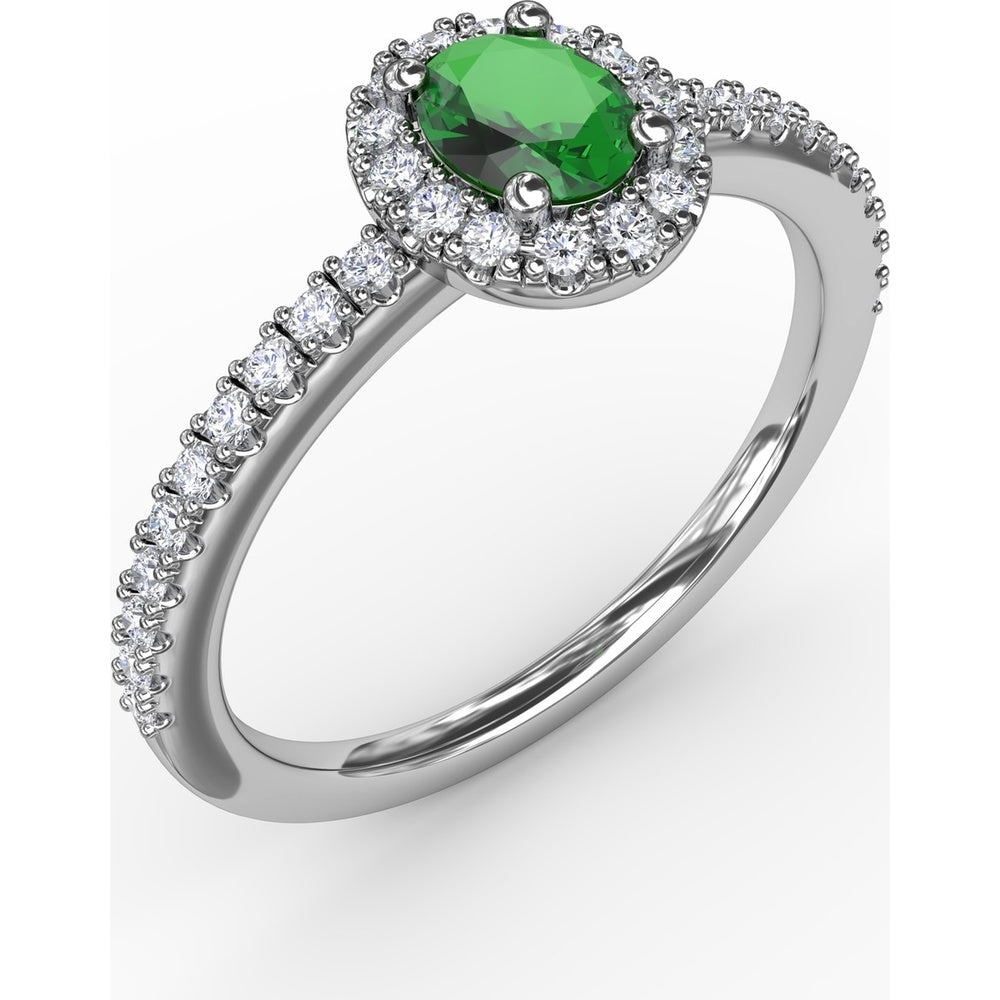 Classic Halo Ring with Oval Emerald and Pavé Set Round Diamonds by Fana - 0.52 Carat Total Gemstone Weight