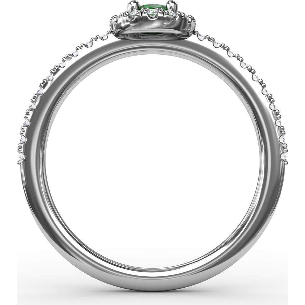Classic Halo Ring with Oval Emerald and Pavé Set Round Diamonds by Fana - 0.52 Carat Total Gemstone Weight