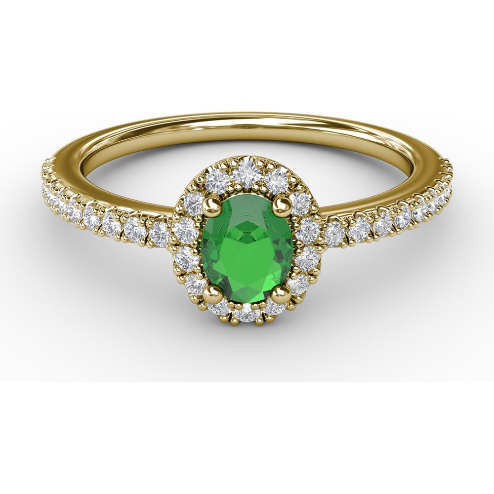 Classic Halo Ring with Oval Emerald and Pavé Set Round Diamonds by Fana - 0.52 Carat Total Gemstone Weight