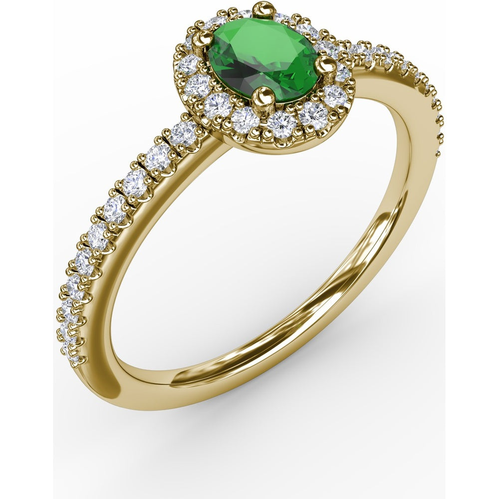 Classic Halo Ring with Oval Emerald and Pavé Set Round Diamonds by Fana - 0.52 Carat Total Gemstone Weight