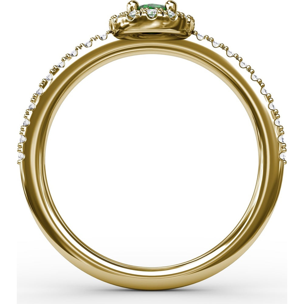 Classic Halo Ring with Oval Emerald and Pavé Set Round Diamonds by Fana - 0.52 Carat Total Gemstone Weight