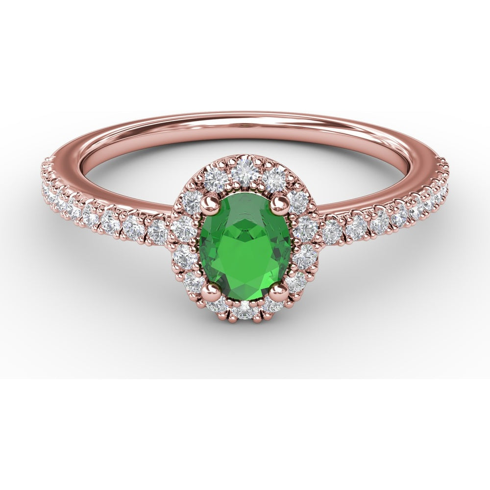 Classic Halo Ring with Oval Emerald and Pavé Set Round Diamonds by Fana - 0.52 Carat Total Gemstone Weight