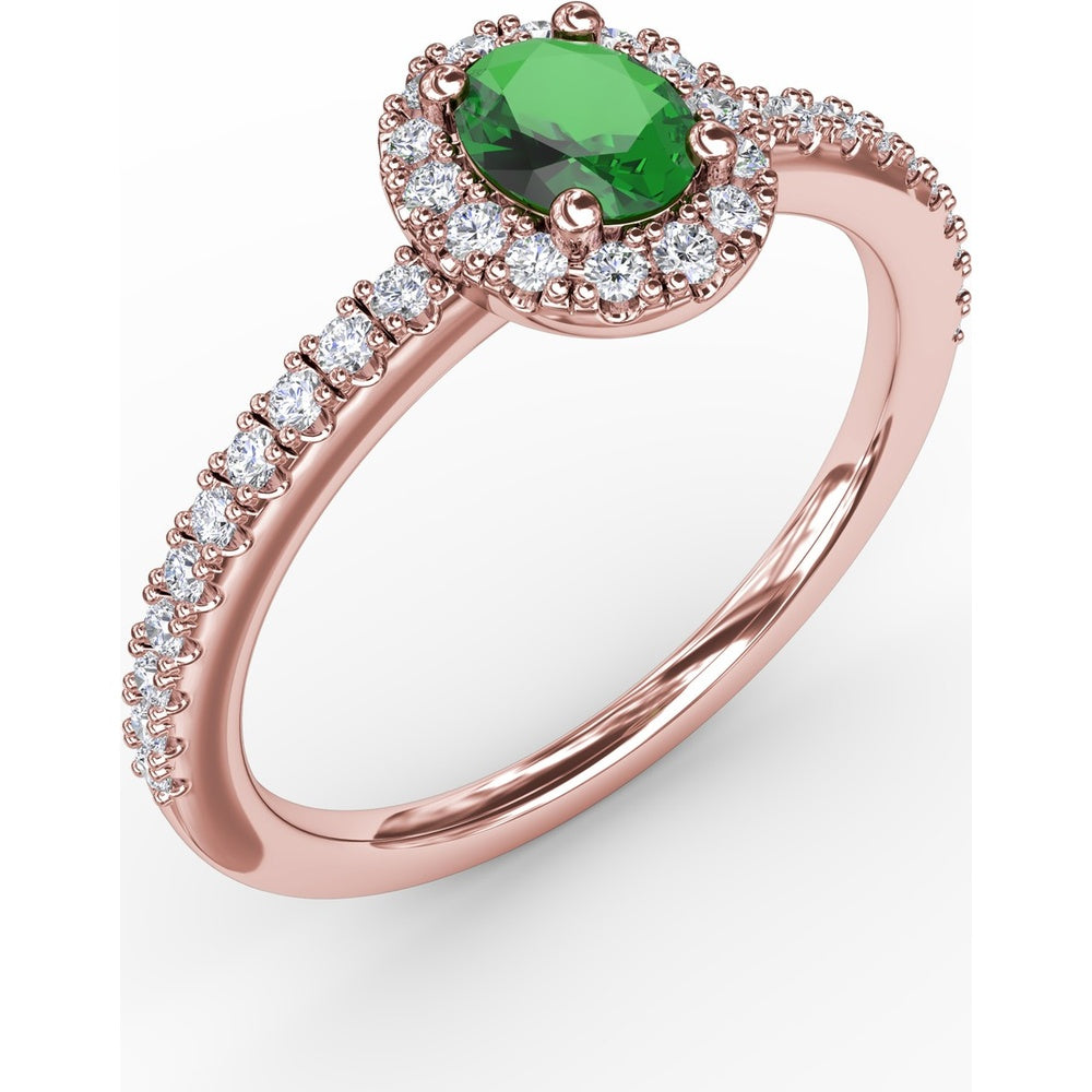 Classic Halo Ring with Oval Emerald and Pavé Set Round Diamonds by Fana - 0.52 Carat Total Gemstone Weight