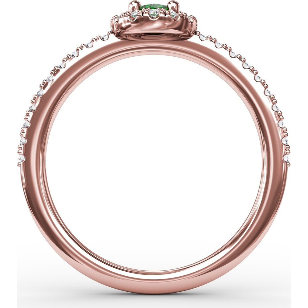 Classic Halo Ring with Oval Emerald and Pavé Set Round Diamonds by Fana - 0.52 Carat Total Gemstone Weight