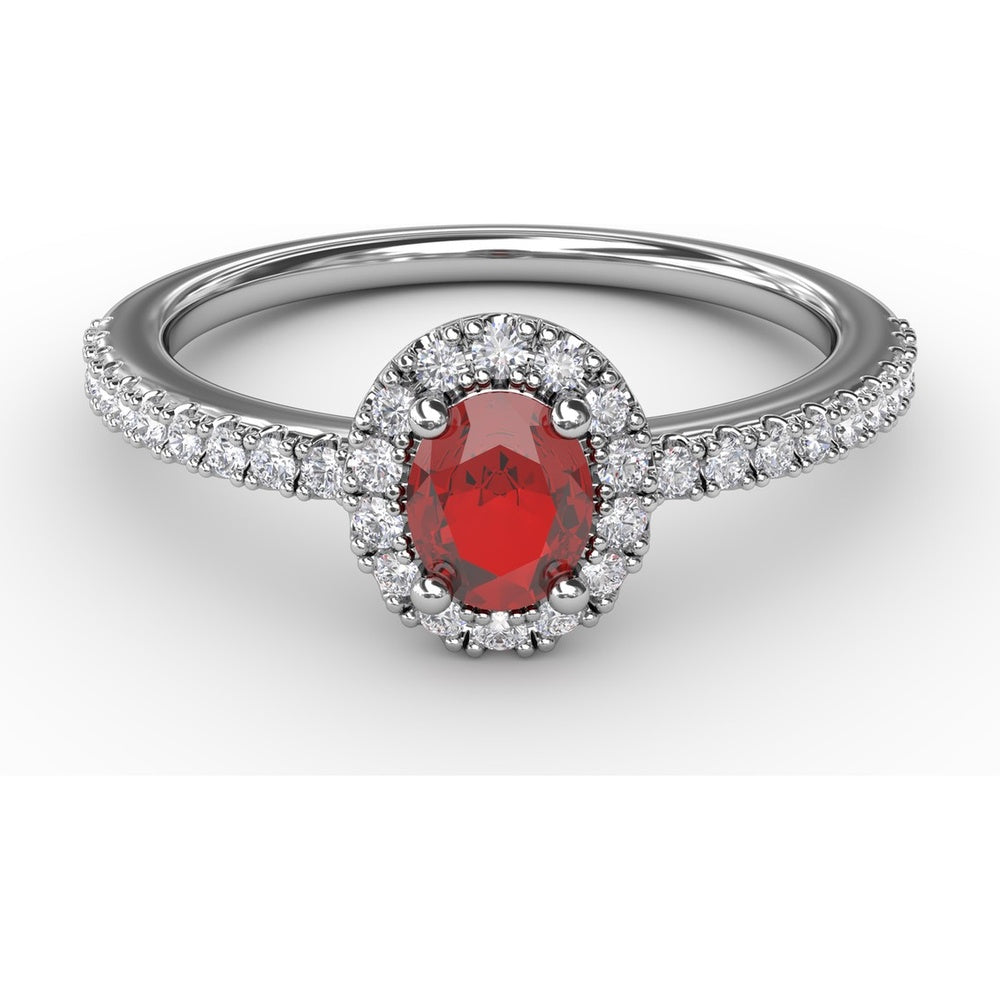 Classic Halo Ring with Oval Ruby and Pavé Set Round Diamonds by Fana - 0.62 Carat Total Gemstone Weight