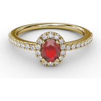 Classic Halo Ring with Oval Ruby and Pavé Set Round Diamonds by Fana - 0.62 Carat Total Gemstone Weight