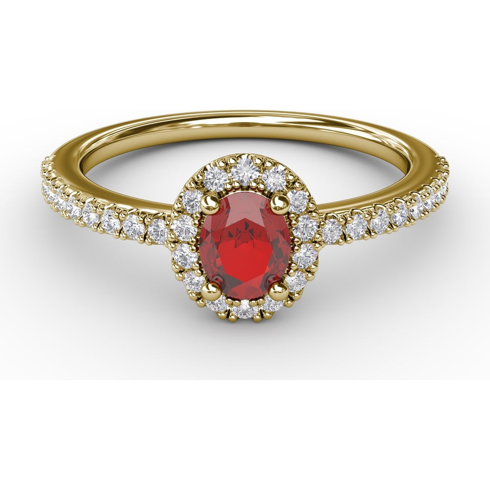 Classic Halo Ring with Oval Ruby and Pavé Set Round Diamonds by Fana - 0.62 Carat Total Gemstone Weight