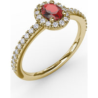 Classic Halo Ring with Oval Ruby and Pavé Set Round Diamonds by Fana - 0.62 Carat Total Gemstone Weight