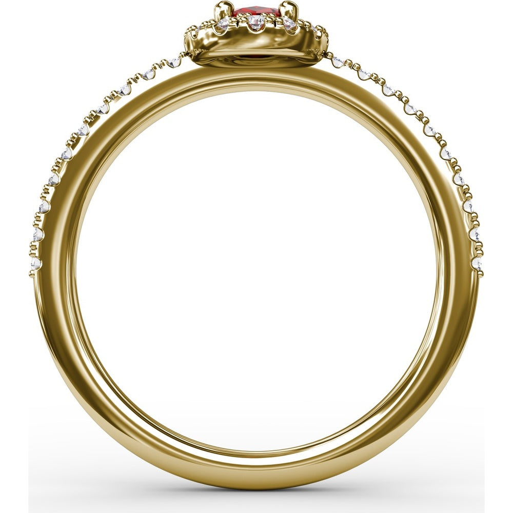 Classic Halo Ring with Oval Ruby and Pavé Set Round Diamonds by Fana - 0.62 Carat Total Gemstone Weight