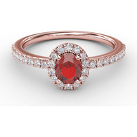 Classic Halo Ring with Oval Ruby and Pavé Set Round Diamonds by Fana - 0.62 Carat Total Gemstone Weight