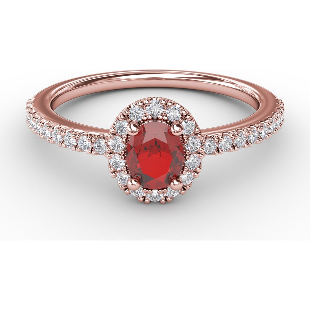 Classic Halo Ring with Oval Ruby and Pavé Set Round Diamonds by Fana - 0.62 Carat Total Gemstone Weight
