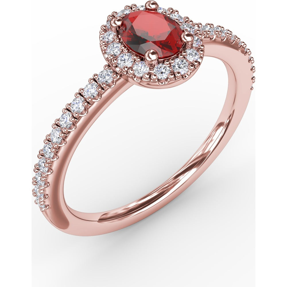 Classic Halo Ring with Oval Ruby and Pavé Set Round Diamonds by Fana - 0.62 Carat Total Gemstone Weight