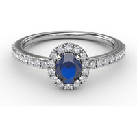 Classic Oval Sapphire Halo Ring with Pavé Diamond Band by Fana - 0.62 Carat Total Gemstone Weight