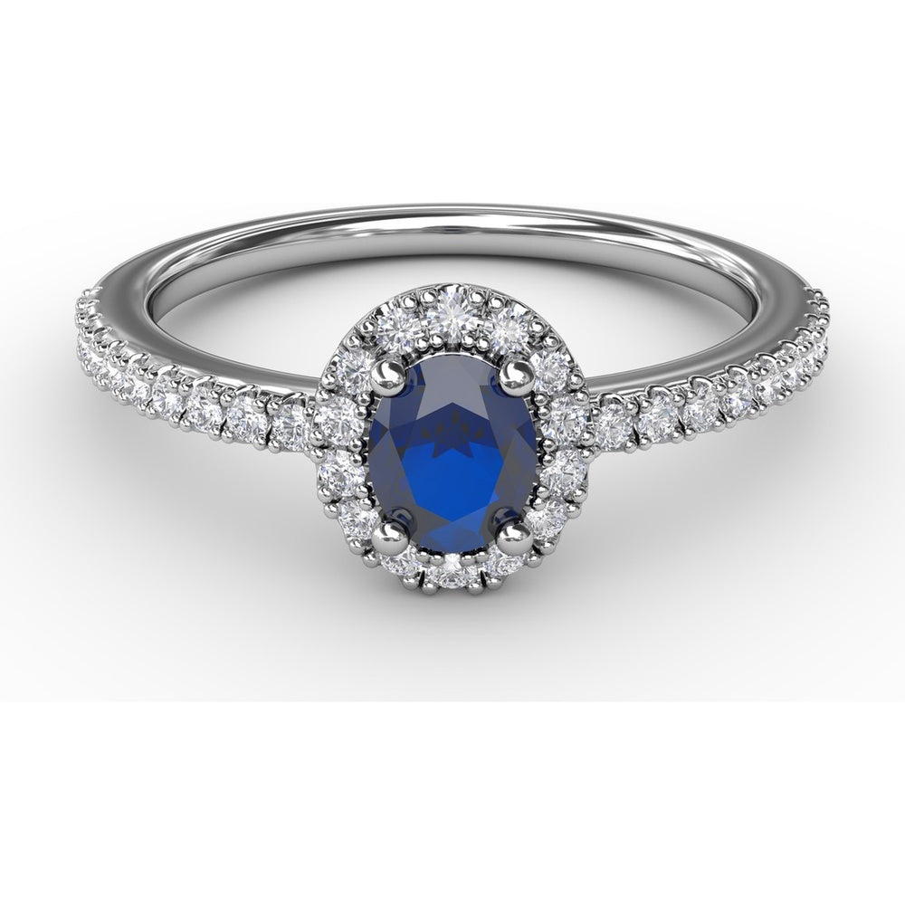 Classic Oval Sapphire Halo Ring with Pavé Diamond Band by Fana - 0.62 Carat Total Gemstone Weight