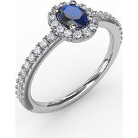Classic Oval Sapphire Halo Ring with Pavé Diamond Band by Fana - 0.62 Carat Total Gemstone Weight