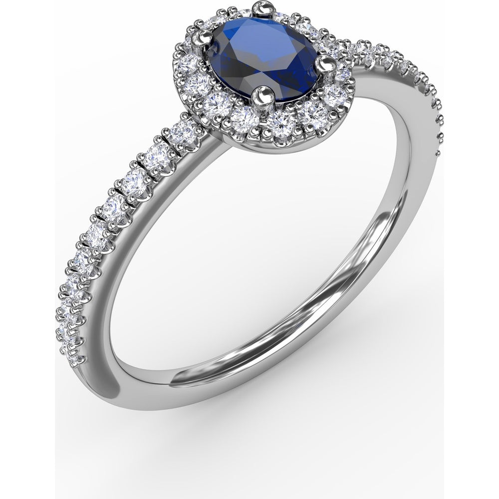 Classic Oval Sapphire Halo Ring with Pavé Diamond Band by Fana - 0.62 Carat Total Gemstone Weight
