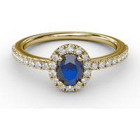 Classic Oval Sapphire Halo Ring with Pavé Diamond Band by Fana - 0.62 Carat Total Gemstone Weight