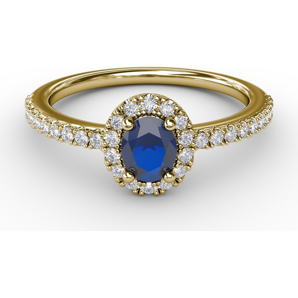 Classic Oval Sapphire Halo Ring with Pavé Diamond Band by Fana - 0.62 Carat Total Gemstone Weight