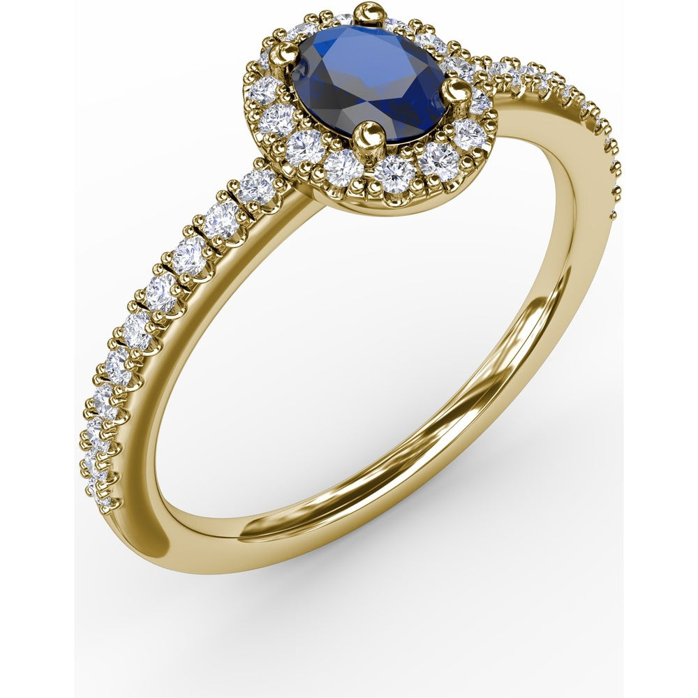 Classic Oval Sapphire Halo Ring with Pavé Diamond Band by Fana - 0.62 Carat Total Gemstone Weight