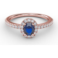 Classic Oval Sapphire Halo Ring with Pavé Diamond Band by Fana - 0.62 Carat Total Gemstone Weight