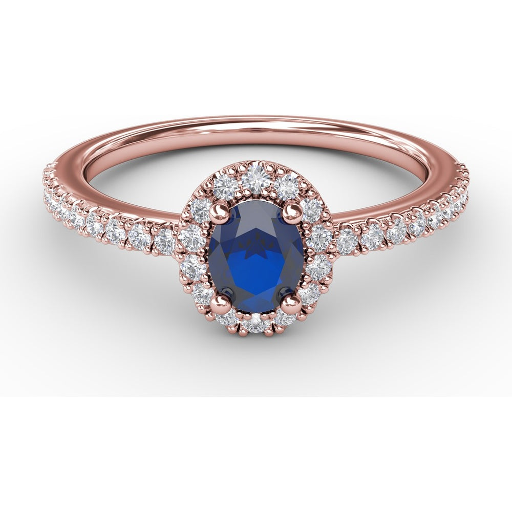 Classic Oval Sapphire Halo Ring with Pavé Diamond Band by Fana - 0.62 Carat Total Gemstone Weight