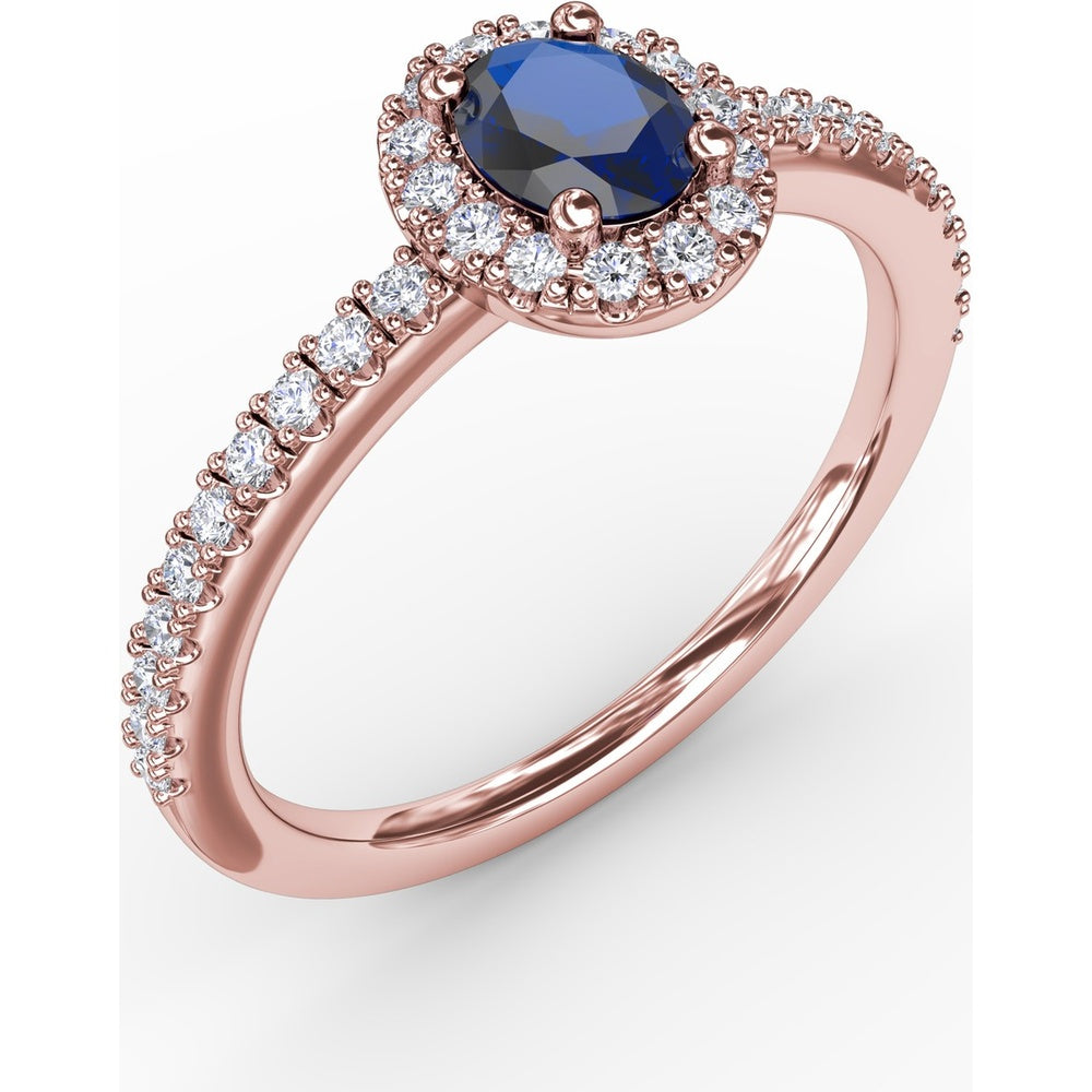 Classic Oval Sapphire Halo Ring with Pavé Diamond Band by Fana - 0.62 Carat Total Gemstone Weight