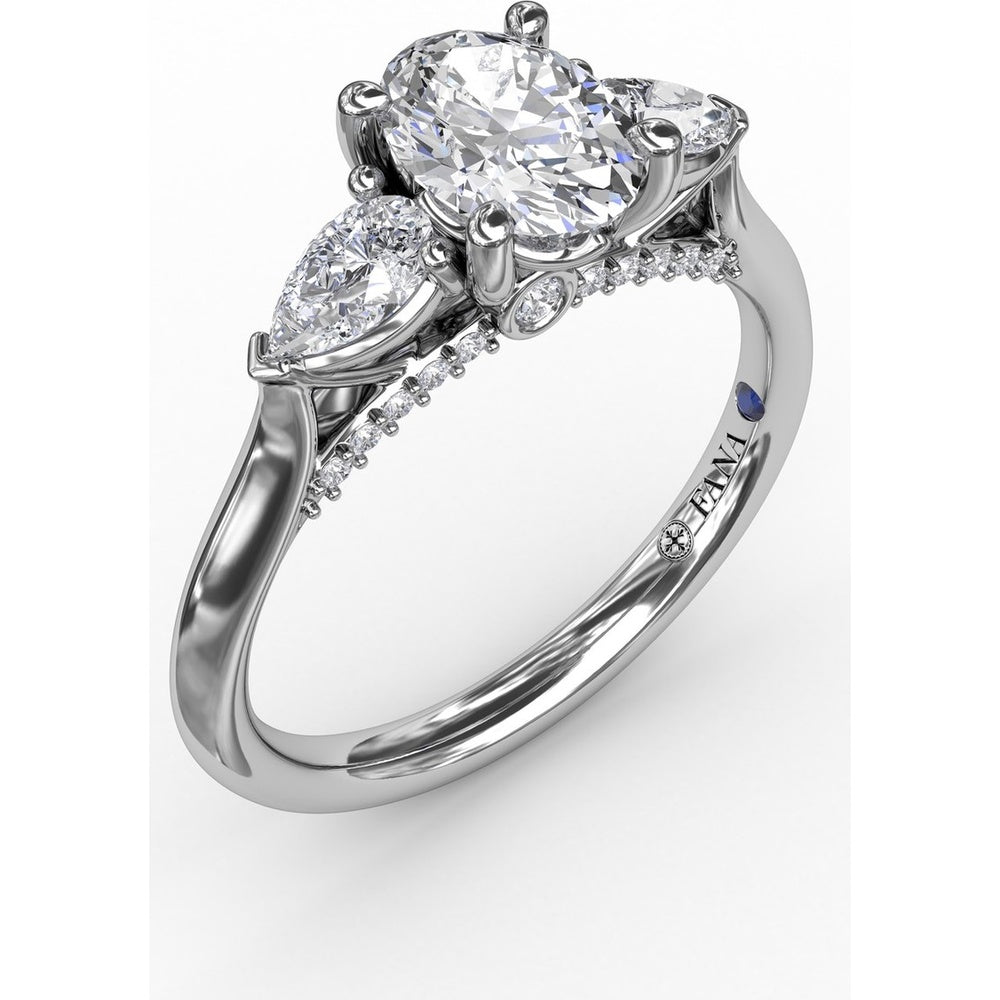 Classic Oval Three-Stone Engagement Ring Setting with Pear-Shape Side Diamonds and Pavé Gallery - 0.55 Carat Total Side Diamond Weight by Fana