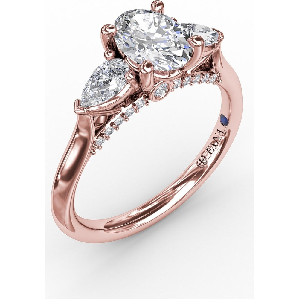Classic Oval Three-Stone Engagement Ring Setting with Pear-Shape Side Diamonds and Pavé Gallery - 0.55 Carat Total Side Diamond Weight by Fana