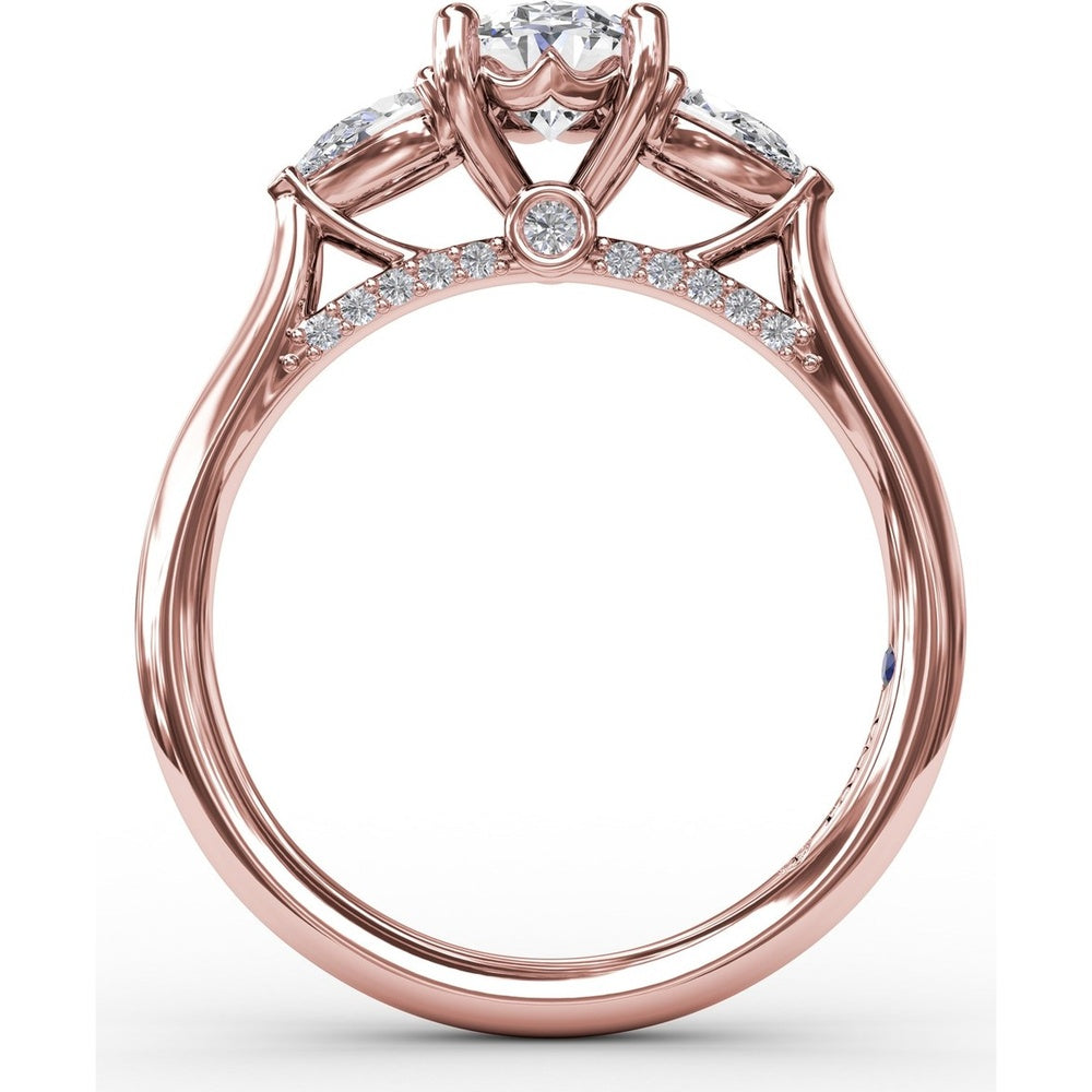 Classic Oval Three-Stone Engagement Ring Setting with Pear-Shape Side Diamonds and Pavé Gallery - 0.55 Carat Total Side Diamond Weight by Fana
