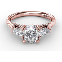 Classic Oval Three-Stone Engagement Ring Setting with Pear-Shape Side Diamonds and Pavé Gallery - 0.55 Carat Total Side Diamond Weight by Fana