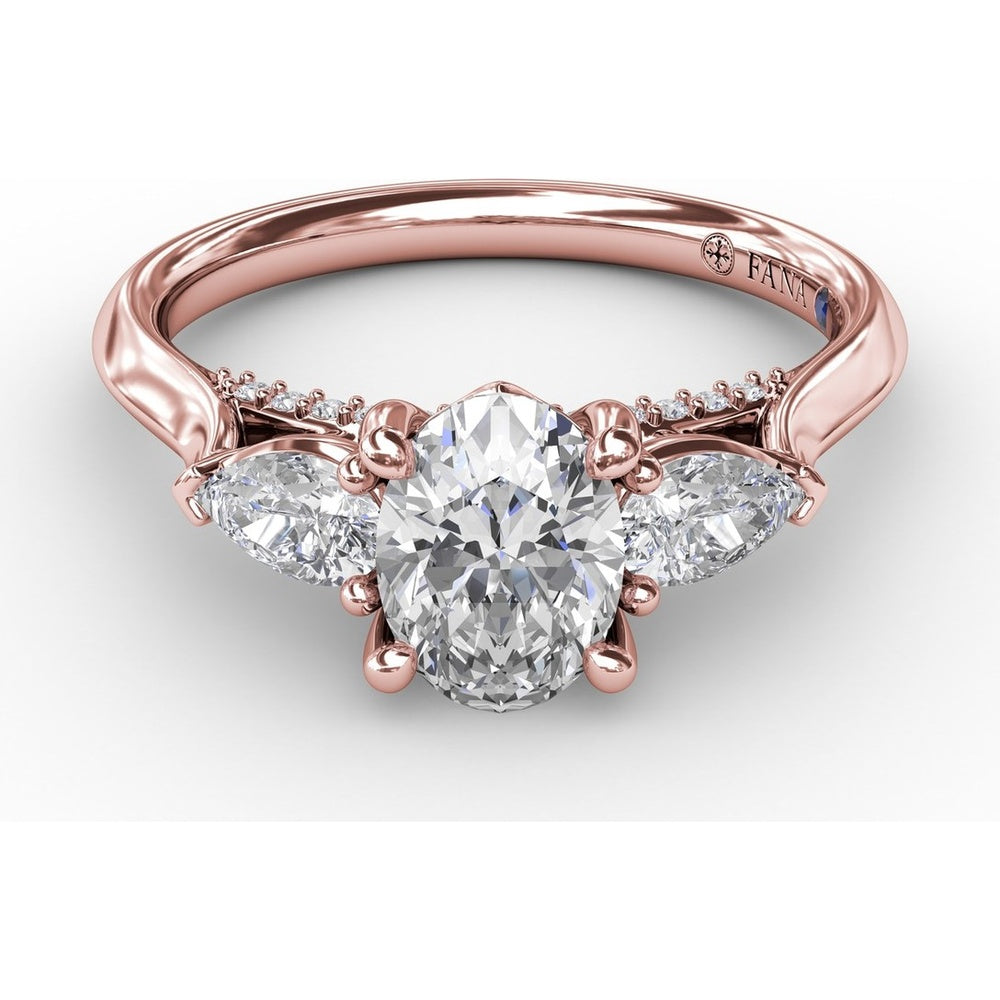 Classic Oval Three-Stone Engagement Ring Setting with Pear-Shape Side Diamonds and Pavé Gallery - 0.55 Carat Total Side Diamond Weight by Fana
