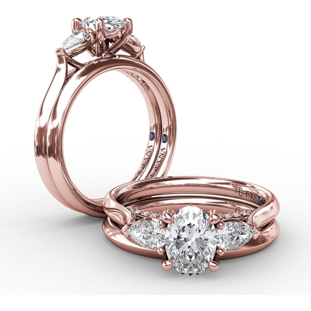 Classic Oval Three-Stone Engagement Ring Setting with Pear-Shape Side Diamonds and Pavé Gallery - 0.55 Carat Total Side Diamond Weight by Fana