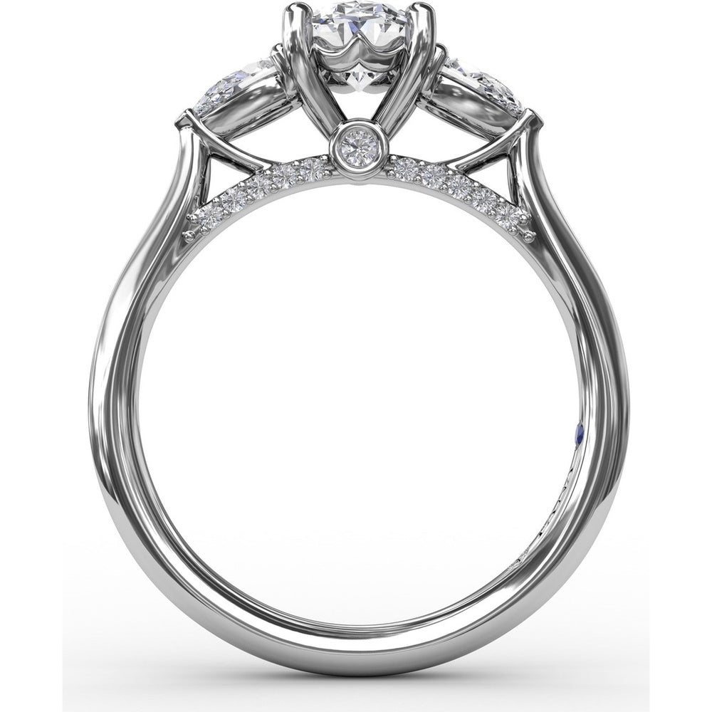 Classic Oval Three-Stone Engagement Ring Setting with Pear-Shape Side Diamonds and Pavé Gallery - 0.55 Carat Total Side Diamond Weight by Fana