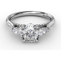 Classic Oval Three-Stone Engagement Ring Setting with Pear-Shape Side Diamonds and Pavé Gallery - 0.55 Carat Total Side Diamond Weight by Fana
