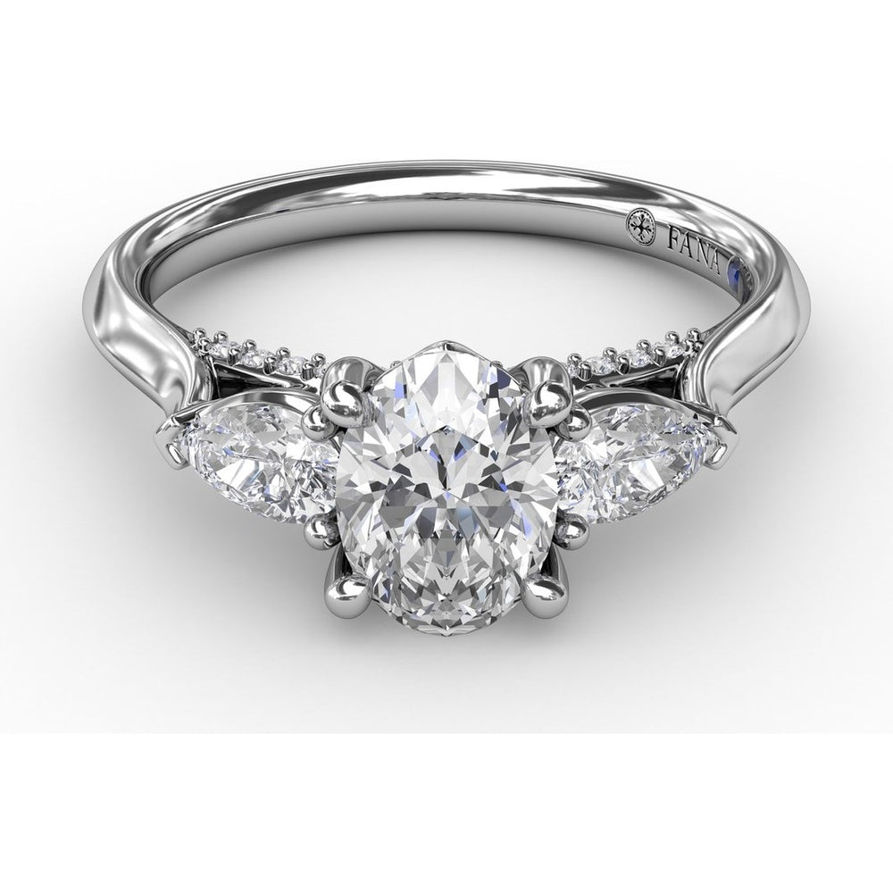 Classic Oval Three-Stone Engagement Ring Setting with Pear-Shape Side Diamonds and Pavé Gallery - 0.55 Carat Total Side Diamond Weight by Fana