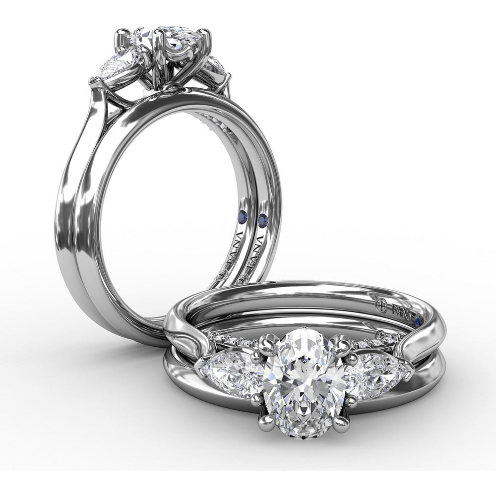 Classic Oval Three-Stone Engagement Ring Setting with Pear-Shape Side Diamonds and Pavé Gallery - 0.55 Carat Total Side Diamond Weight by Fana
