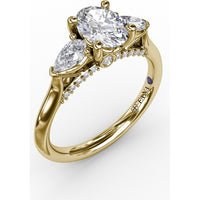 Classic Oval Three-Stone Engagement Ring Setting with Pear-Shape Side Diamonds and Pavé Gallery - 0.55 Carat Total Side Diamond Weight by Fana