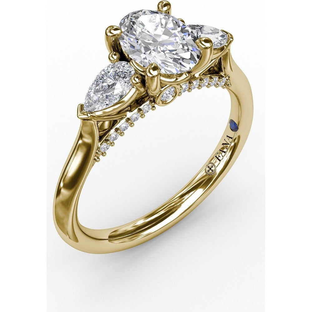 Classic Oval Three-Stone Engagement Ring Setting with Pear-Shape Side Diamonds and Pavé Gallery - 0.55 Carat Total Side Diamond Weight by Fana