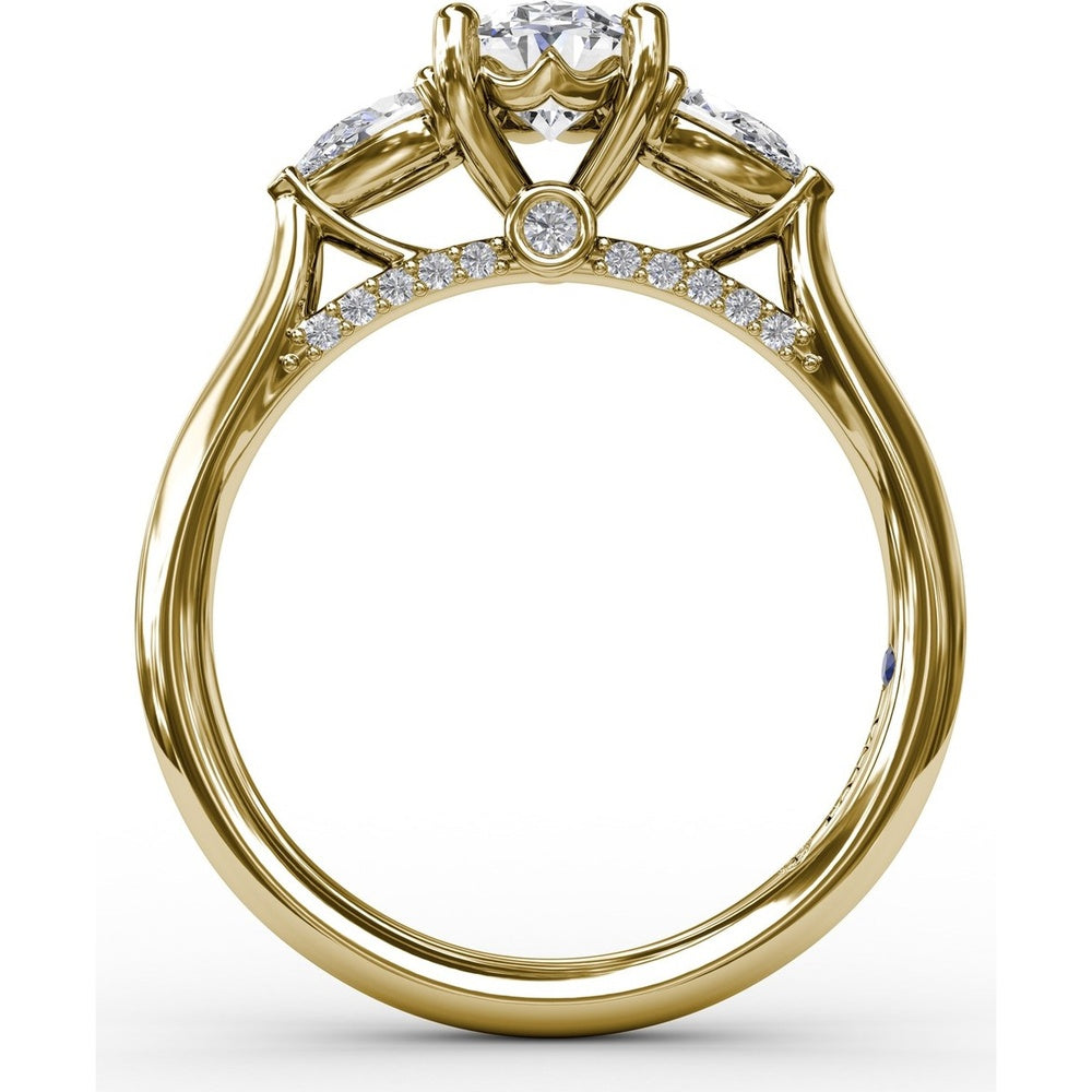 Classic Oval Three-Stone Engagement Ring Setting with Pear-Shape Side Diamonds and Pavé Gallery - 0.55 Carat Total Side Diamond Weight by Fana