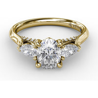 Classic Oval Three-Stone Engagement Ring Setting with Pear-Shape Side Diamonds and Pavé Gallery - 0.55 Carat Total Side Diamond Weight by Fana