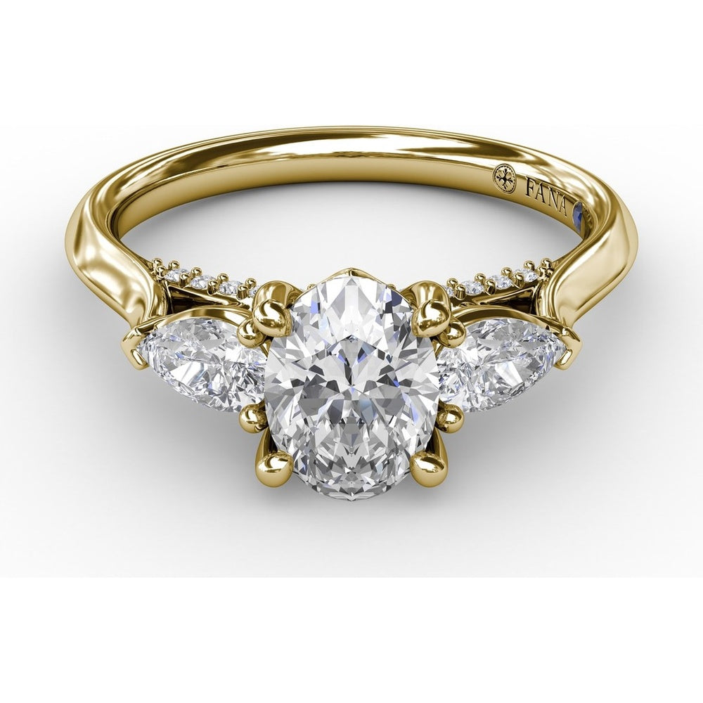 Classic Oval Three-Stone Engagement Ring Setting with Pear-Shape Side Diamonds and Pavé Gallery - 0.55 Carat Total Side Diamond Weight by Fana