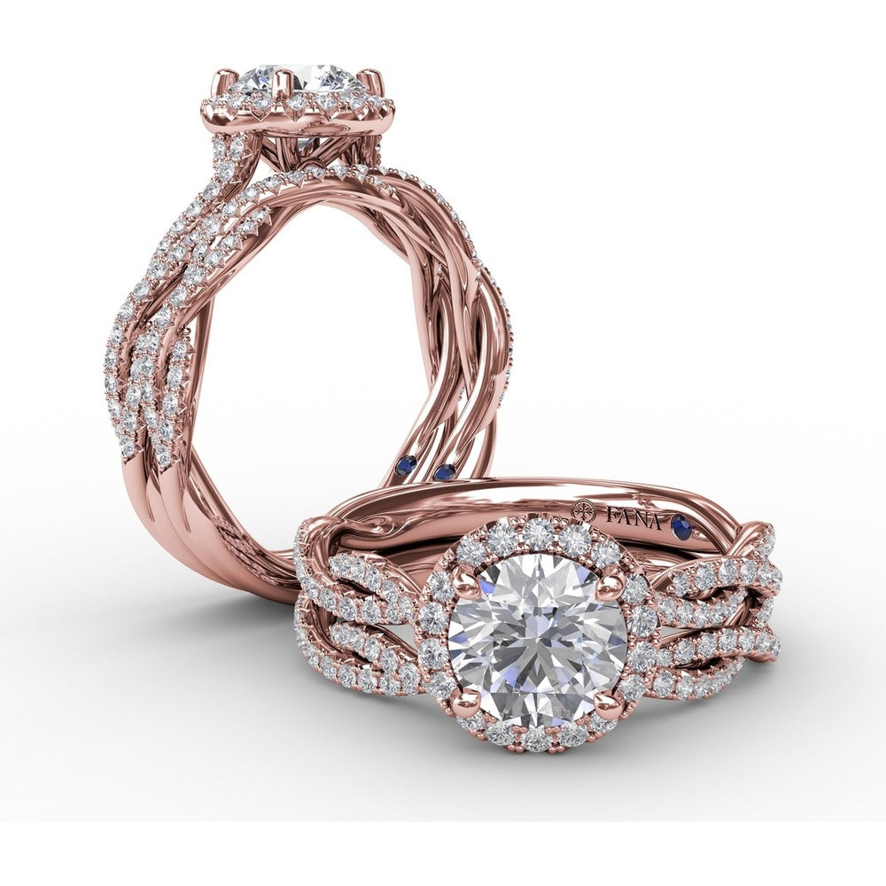 Classic Round Diamond Halo Engagement Ring Setting with Cathedral Twist Pavé Band by Fana - 0.41 Carat Total Diamond Weight