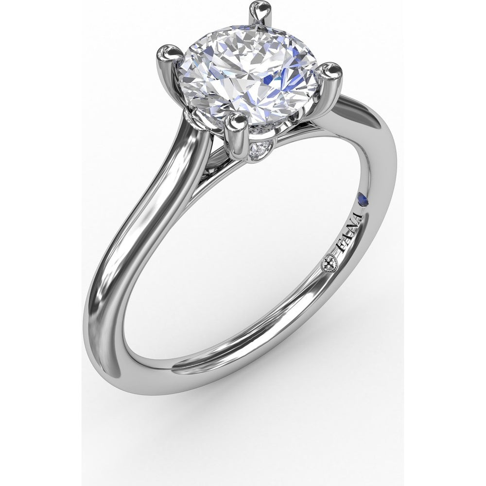 Classic Round Diamond Solitaire Engagement Ring Setting with Cathedral Profile and Hidden Chevron Detail by Fana