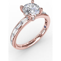 Classic Round Diamond Solitaire Engagement Ring Setting with Channel-Set Baguette Shank and Hidden Pavé Halo by Fana - 0.71 Carat Total Diamond Weight