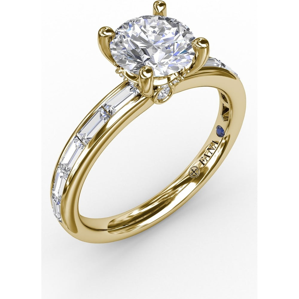 Classic Round Diamond Solitaire Engagement Ring Setting with Channel-Set Baguette Shank and Hidden Pavé Halo by Fana - 0.71 Carat Total Diamond Weight