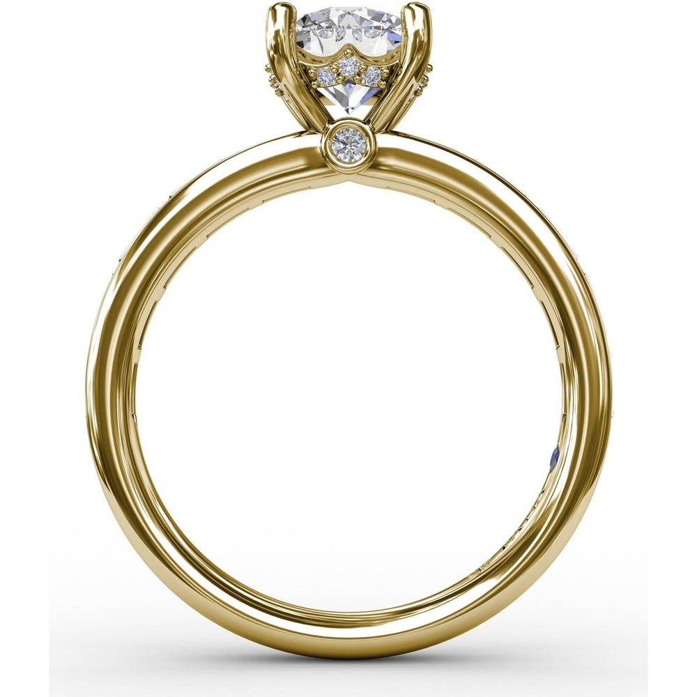 Classic Round Diamond Solitaire Engagement Ring Setting with Channel-Set Baguette Shank and Hidden Pavé Halo by Fana - 0.71 Carat Total Diamond Weight