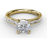 Classic Round Diamond Solitaire Engagement Ring Setting with Channel-Set Baguette Shank and Hidden Pavé Halo by Fana - 0.71 Carat Total Diamond Weight