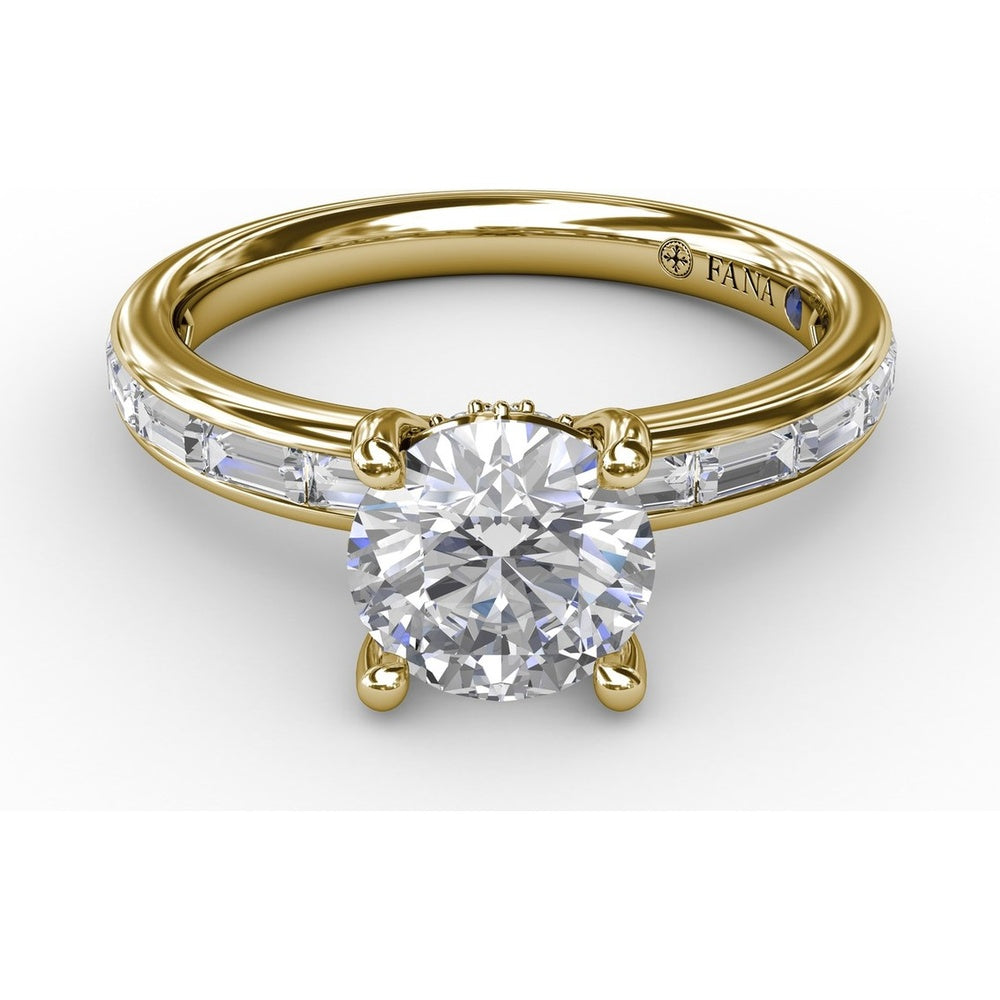 Classic Round Diamond Solitaire Engagement Ring Setting with Channel-Set Baguette Shank and Hidden Pavé Halo by Fana - 0.71 Carat Total Diamond Weight